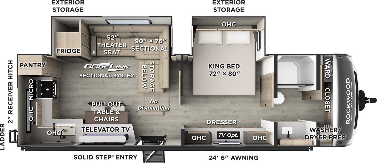 The Rockwood Ultra Lite Travel Trailers 2711RK floorplan has one entry and two slide outs. Exterior features include: fiberglass exterior and 24'6" awning. Interiors features include: rear kitchen.
